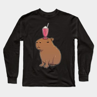 Capybara with a Strawberry Milkshake on its head Long Sleeve T-Shirt